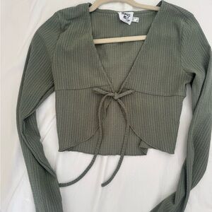 Princess Polly Olive Ribbed Tie-Front Crop Top